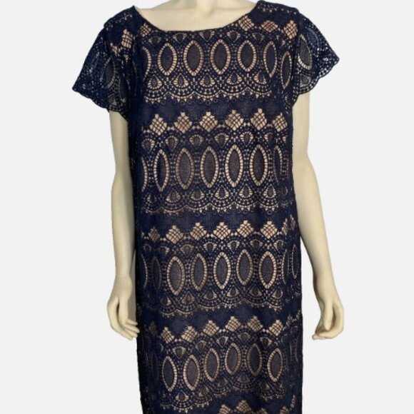 Eliza J Dress Size 14P. Navy lacy atop a nude underdress. 21" pit to pit, 36" - Picture 1 of 3
